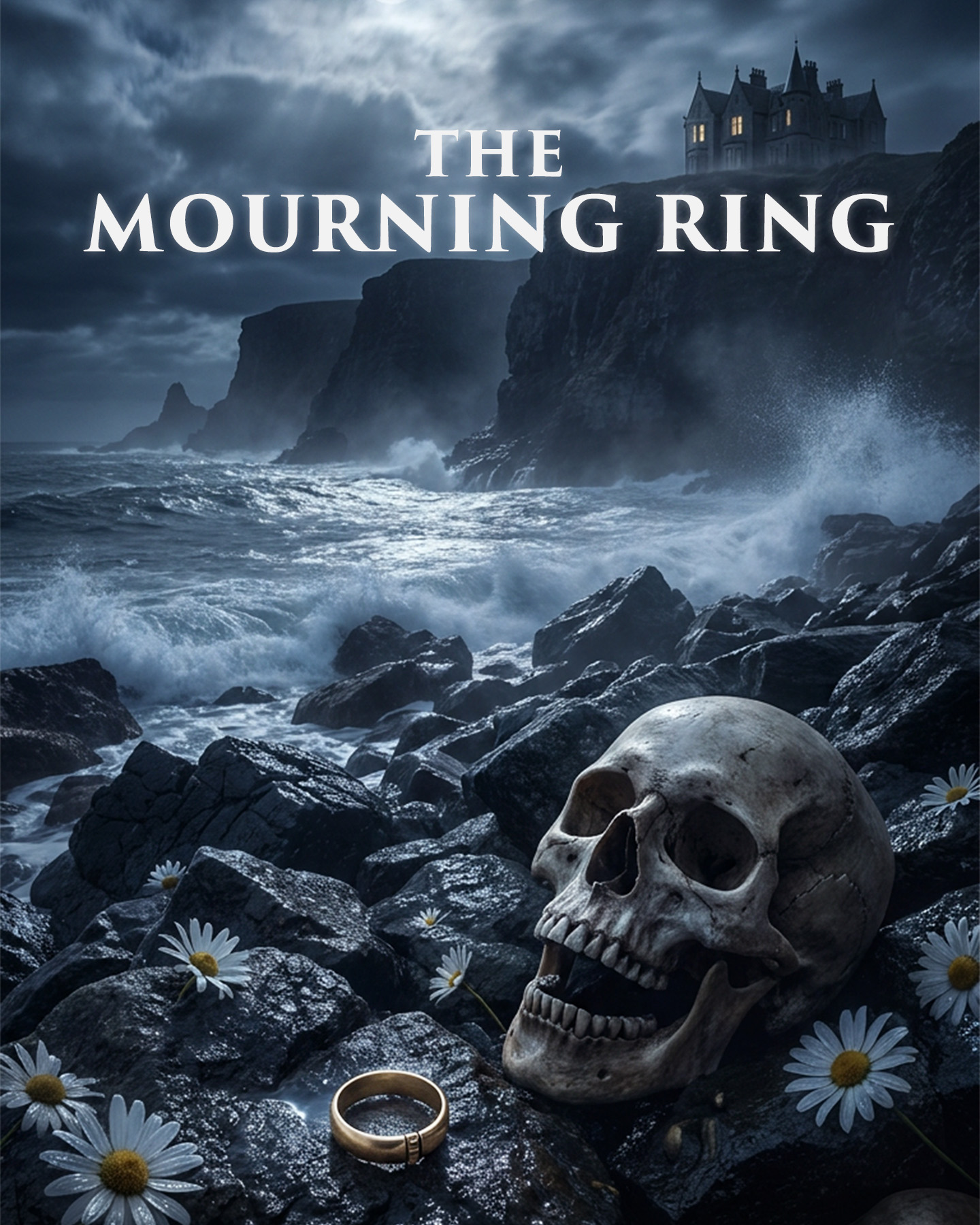 A cinematic gothic scene set at the base of a stormy Scottish cliff at night.